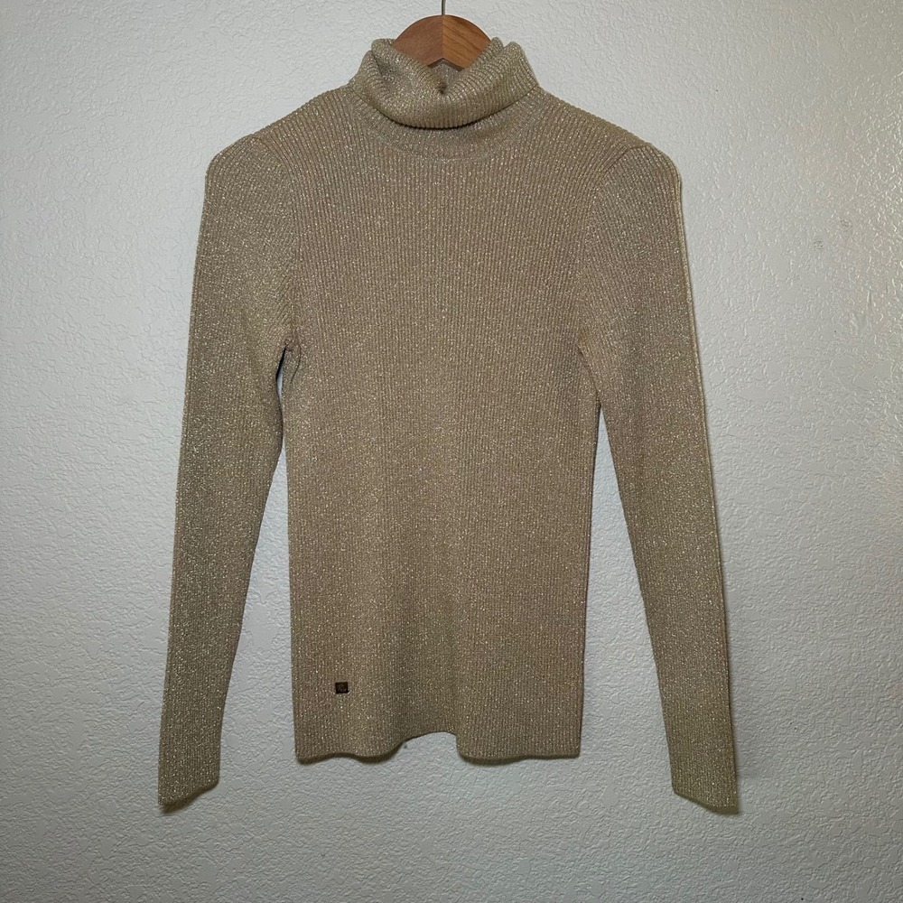 Lauren Ralph Lauren Womens M Old Gold Metallic Ribbed Turtleneck Sweater NWT